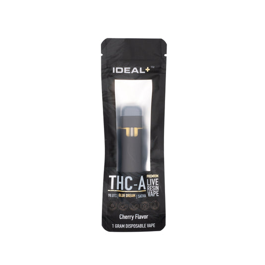 Black disposable vape device with IDEAL+ branding for Blue Dream THCa cherry flavor