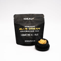 Black resealable pouch of Blue Dream 94.67% THCa Crumble Dab Wax with yellow product