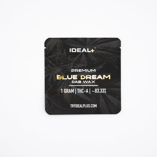 Black packet of IDEAL+ Blue Dream 83.33% THCa Dab Wax 1g with 93.32% THC