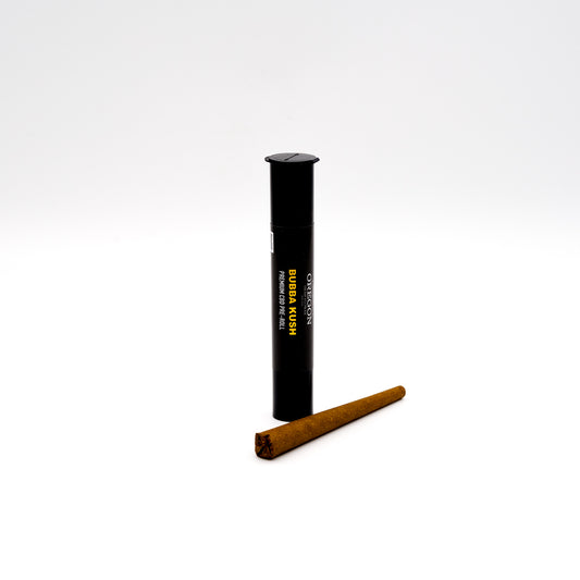 Black cylindrical tube and brown Bubba Kush Hemp Flower Pre Roll - 1 gram product