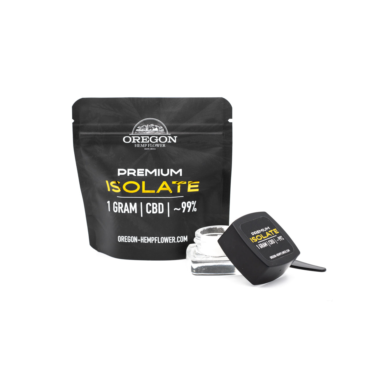 Black pouch of Oregon Premium CBD Isolate with small container, featuring Oregon hemp