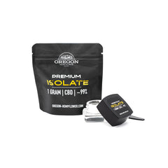 Black pouch of Oregon Premium CBD Isolate with small container, featuring Oregon hemp