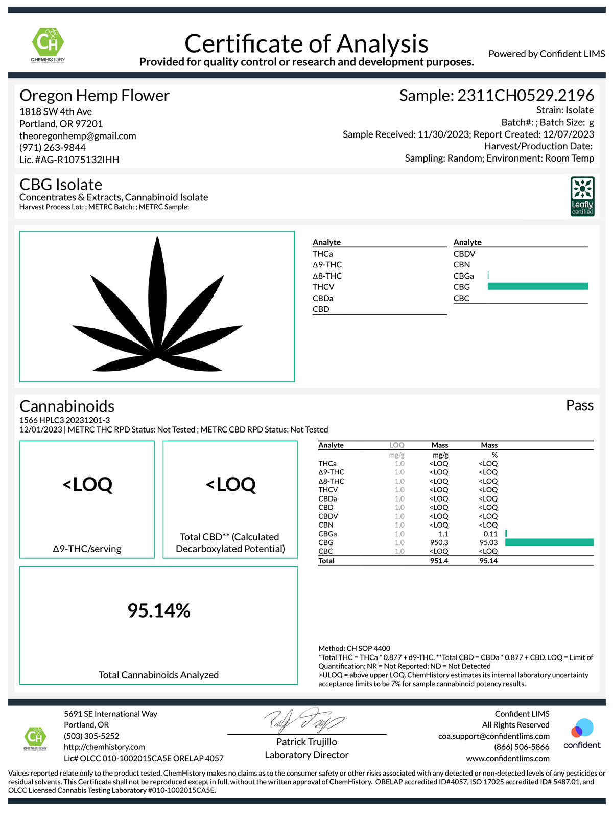 Certificate of Analysis for CBG Isolate with hemp leaf icon and Oregon hemp test results