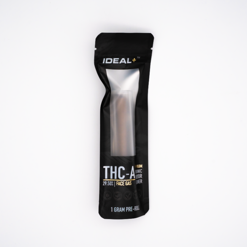 Black and silver THC-A pre-roll package for Face Gas 30% THCA Pre-Rolls 1 gram
