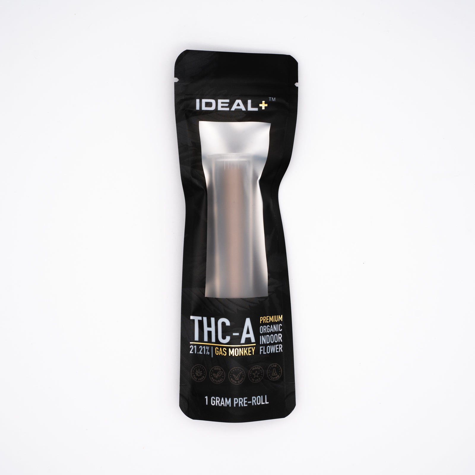 Black THC vape pen package with silver details for Gas Monkey Pre-Rolls cannabis experience