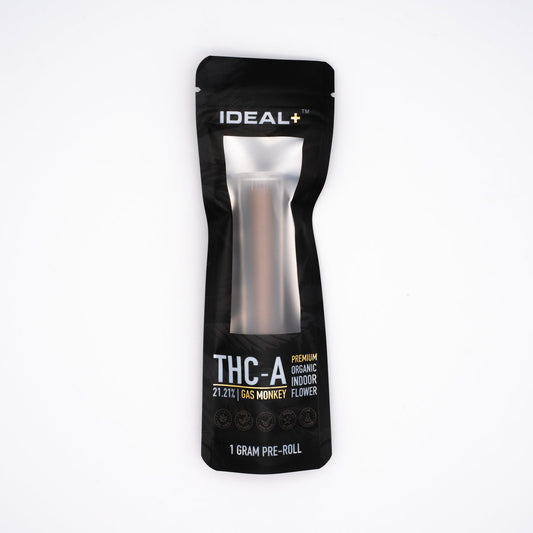 Black THC vape pen package with silver details for Gas Monkey Pre-Rolls cannabis experience