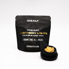 Black resealable pouch of Northern Lights THCa Crumble Dab Wax 3g by IDEAL+
