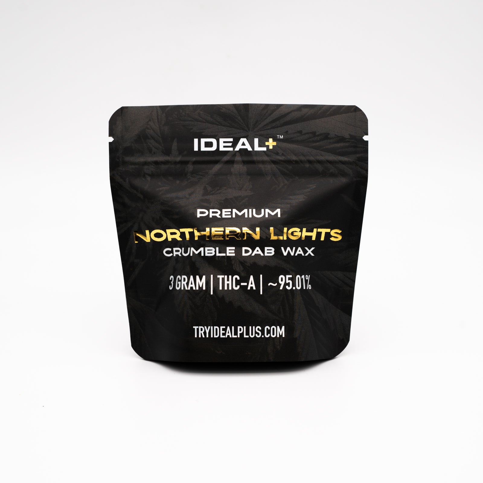 Black resealable pouch of Northern Lights 95.01% THCa crumble dab wax 3g
