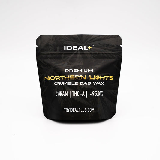 Black resealable pouch of Northern Lights 95.01% THCa crumble dab wax 3g
