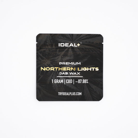 Black packet of IDEAL+ Northern Lights 87.88% CBD Dab Wax 1g for premium dabbing