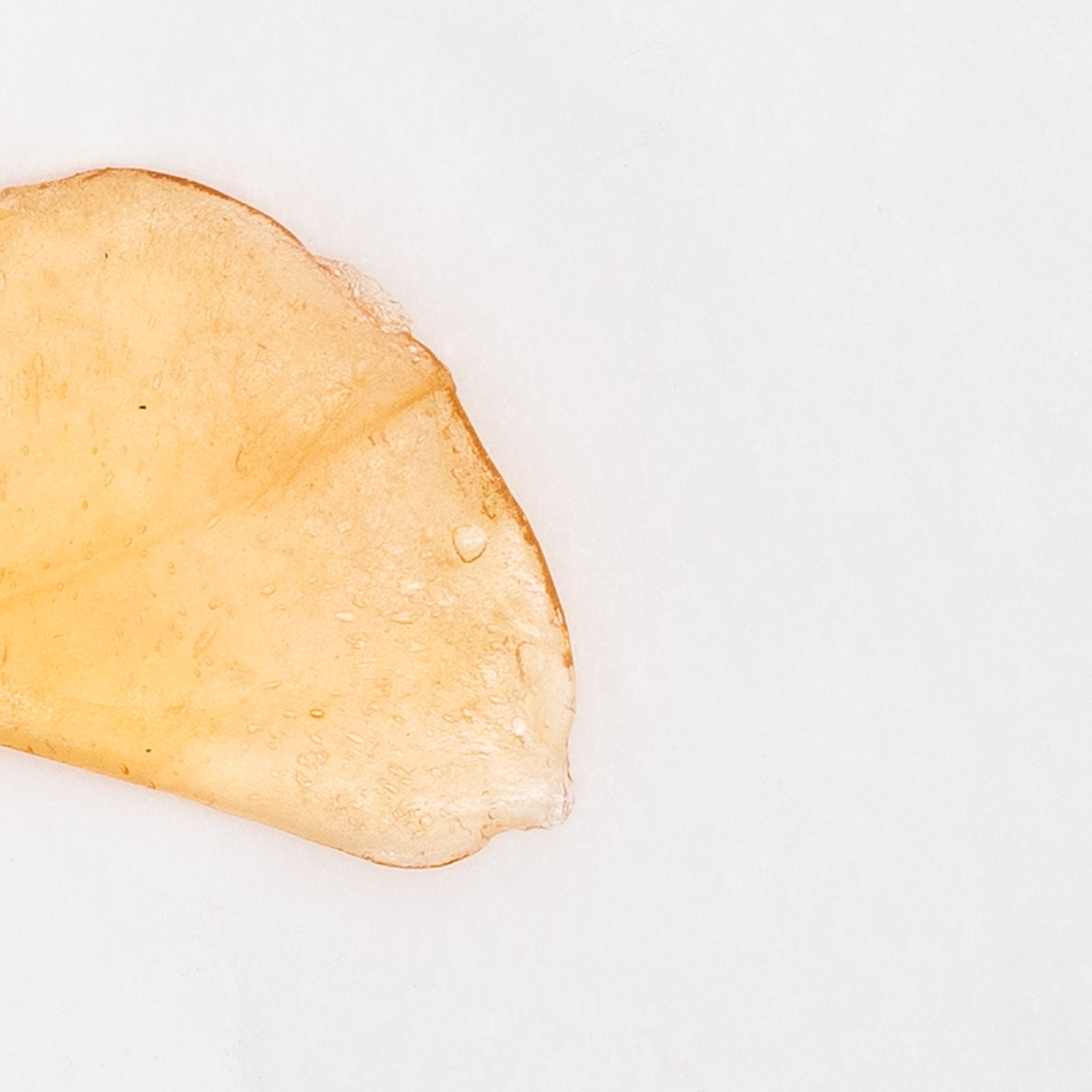 Thin, curved potato chip with water droplets on surface beside OG Kush THCa Dab Wax