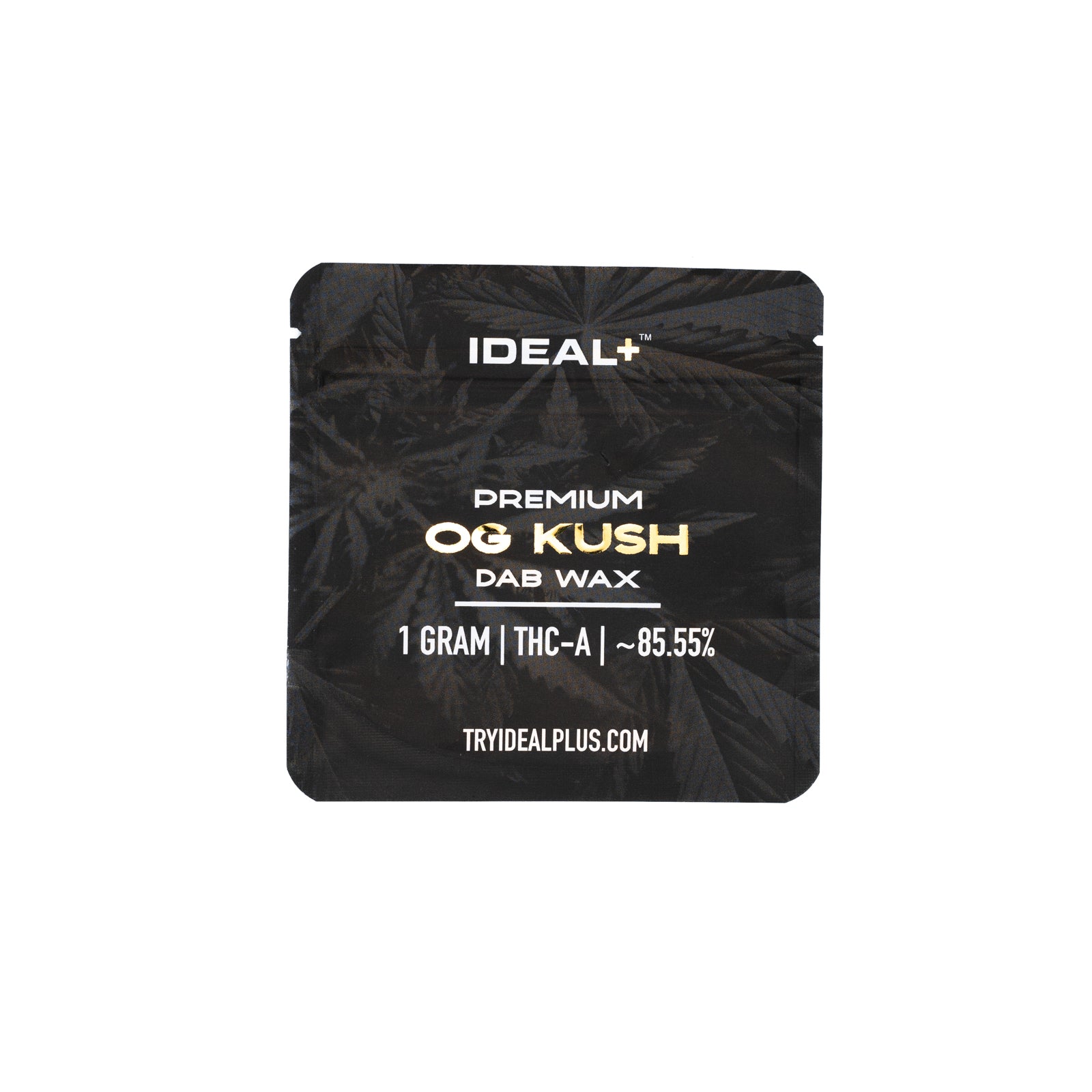Black packaging pouch for IDEAL+ OG Kush 85.55% THCA Dab Wax 1g containing premium dab wax