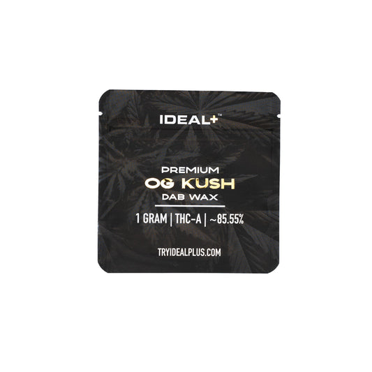 Black packaging pouch for IDEAL+ OG Kush 85.55% THCA Dab Wax 1g containing premium dab wax