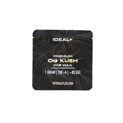 Black packaging pouch for IDEAL+ OG Kush 85.55% THCA Dab Wax 1g containing premium dab wax