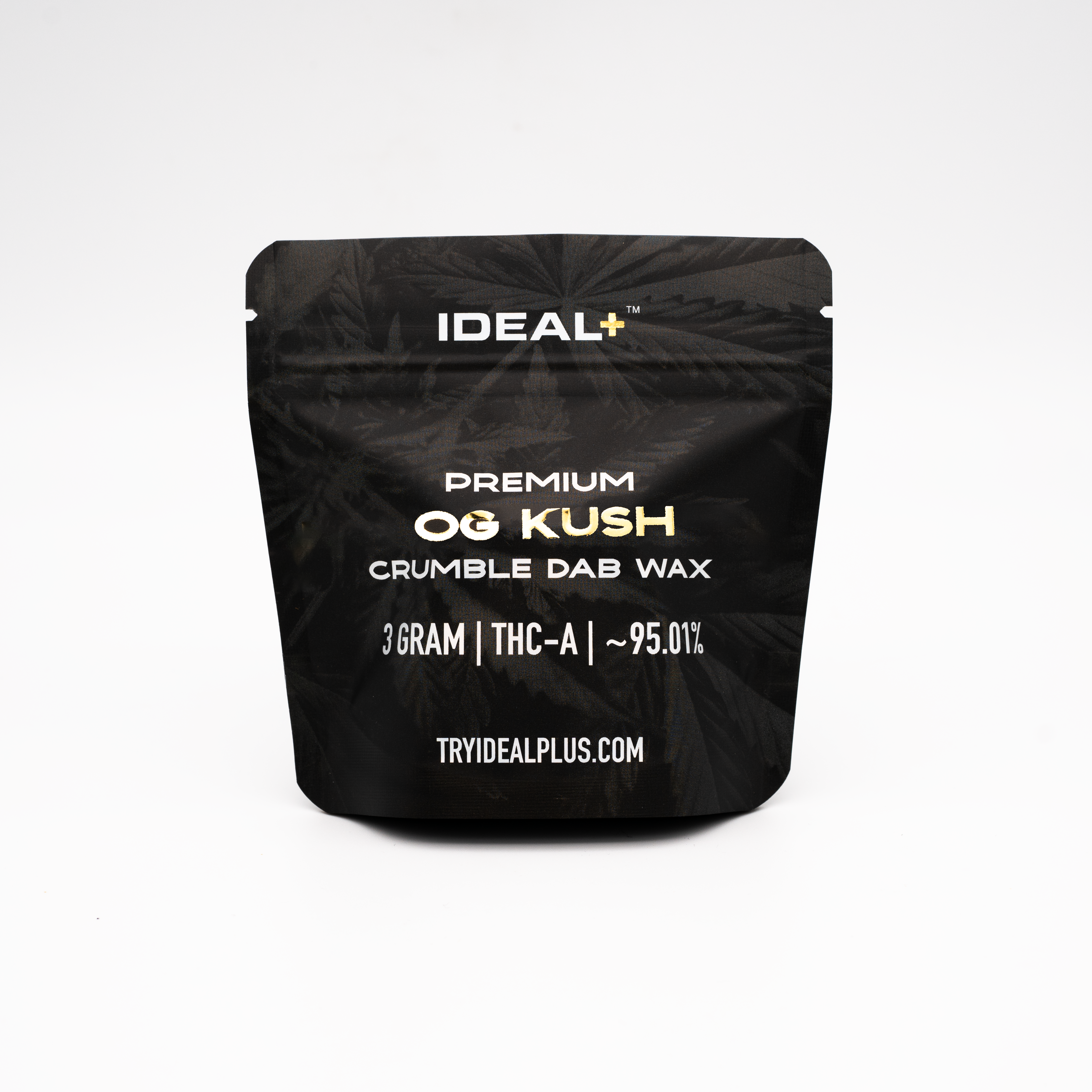 Black resealable pouch of OG Kush 96.66% THCa Crumble Dab Wax 3g for dabbing