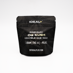 Black resealable pouch of OG Kush 96.66% THCa Crumble Dab Wax 3g for dabbing