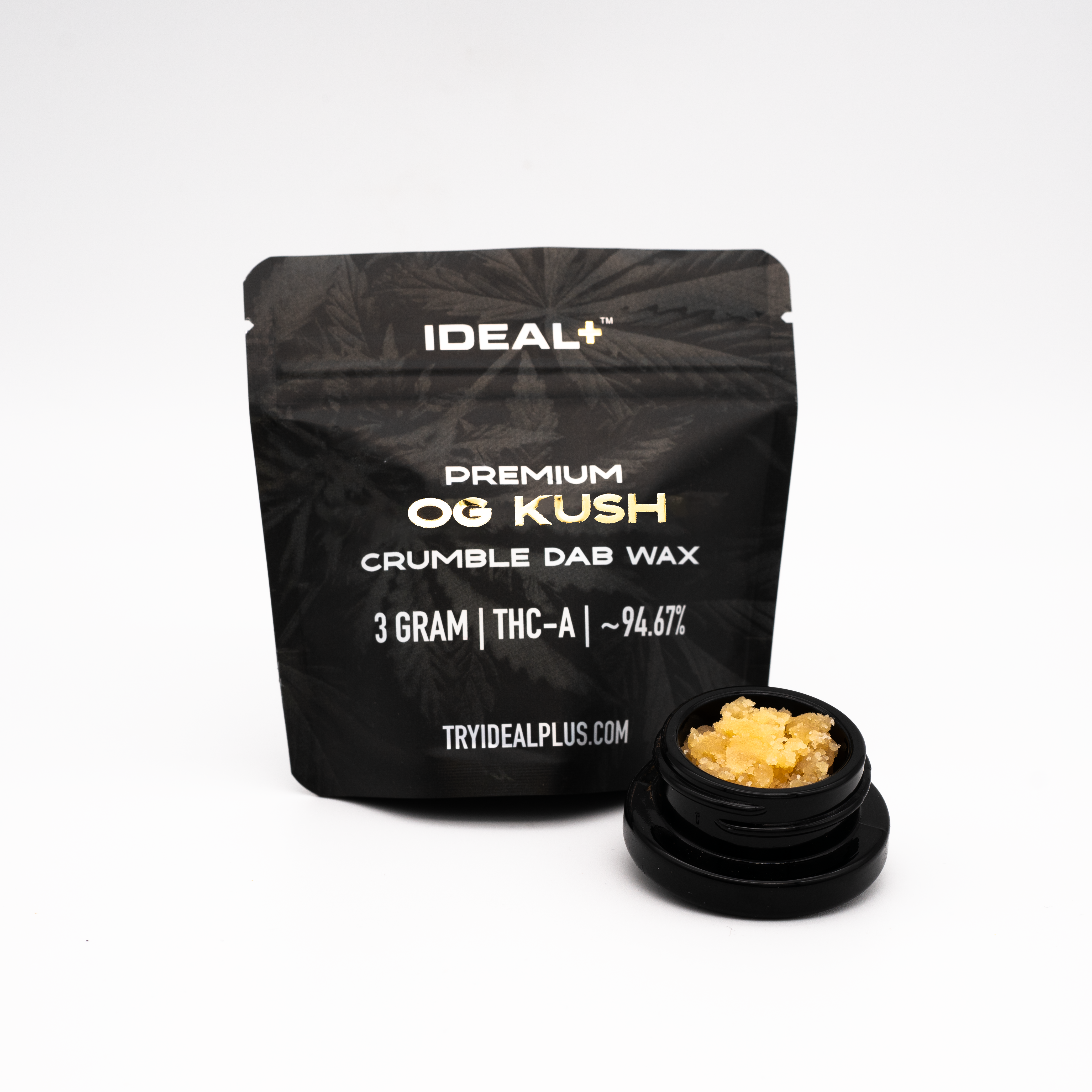 Black resealable pouch of OG Kush 96.66% THCa Crumble Dab Wax with yellow product
