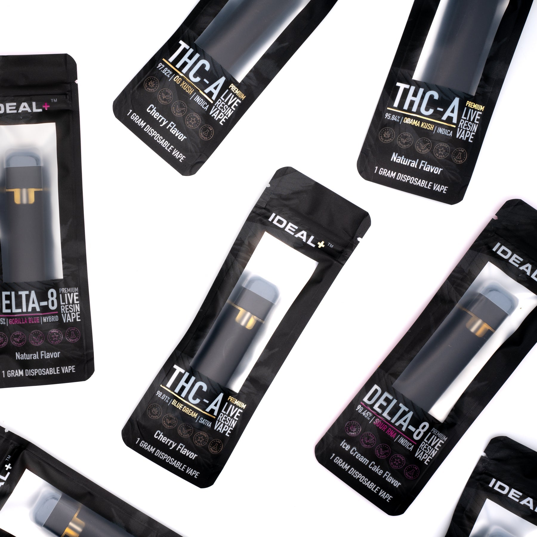 Black vape cartridge packages for Obama’s Kush 95.84% THCa Disposable Vape Natural