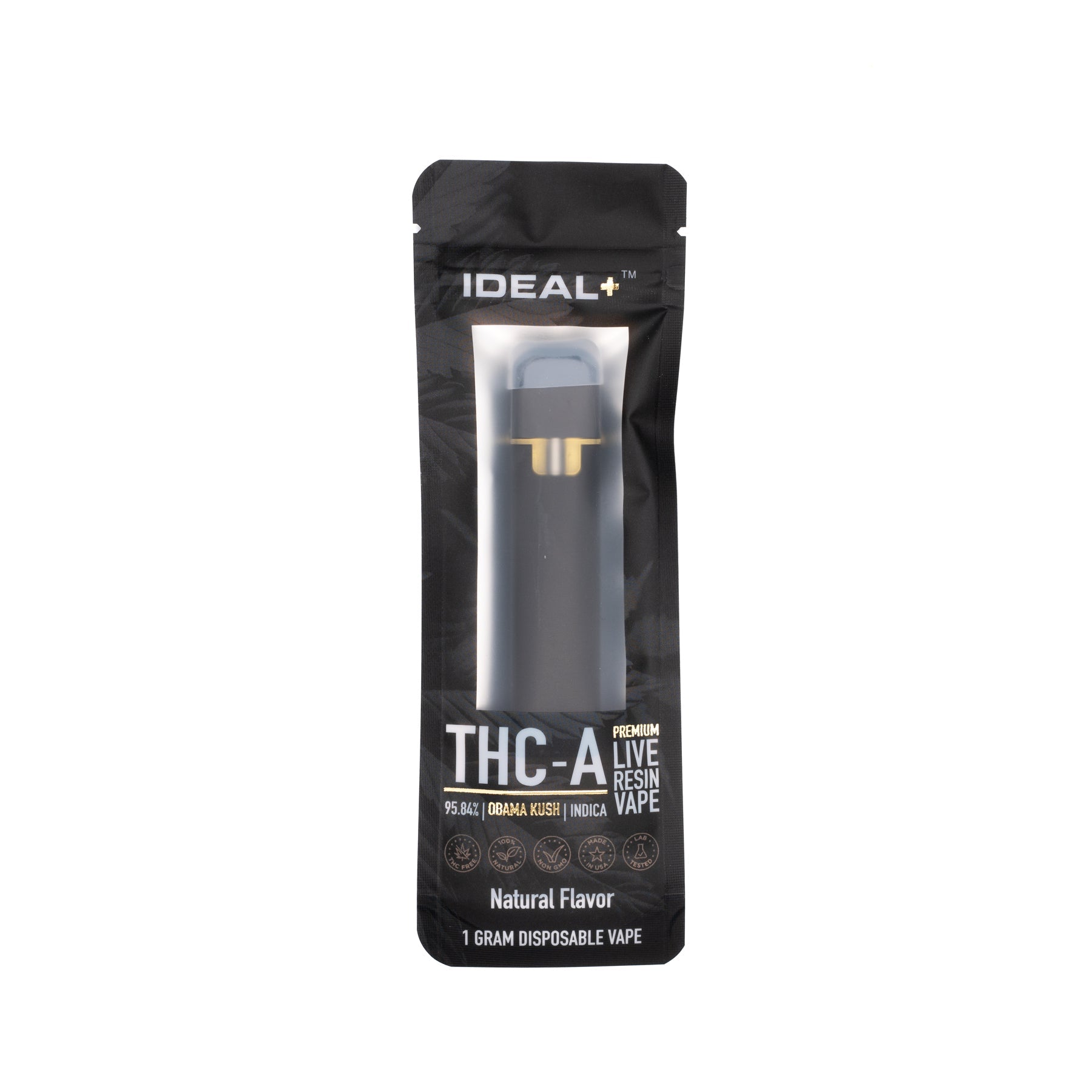 Black disposable vape device in packaging labeled IDEAL THC-A Obama Kush 95.84% THCa