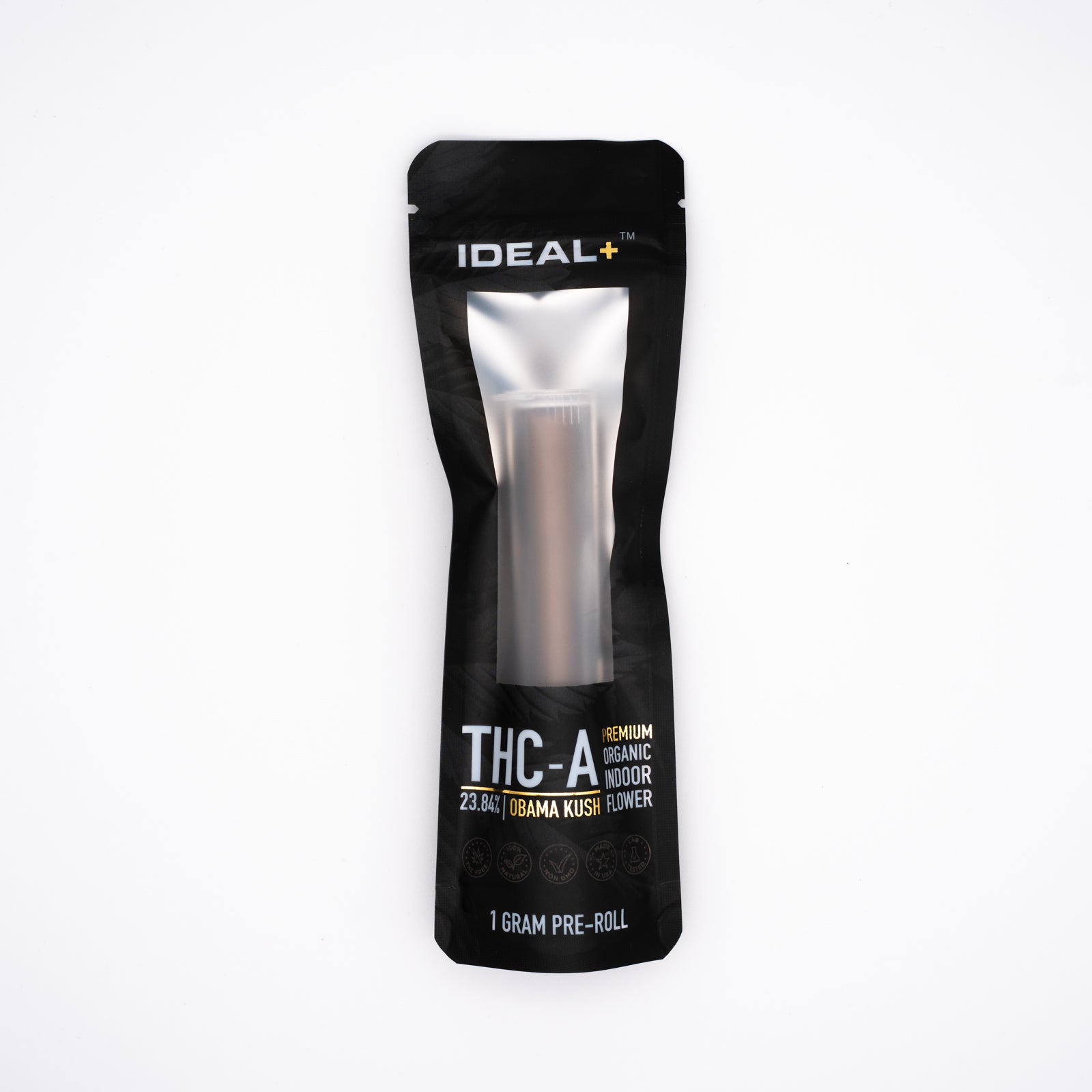 Black and silver vape cartridge package for Obama Kush 24% THCA Pre-Rolls