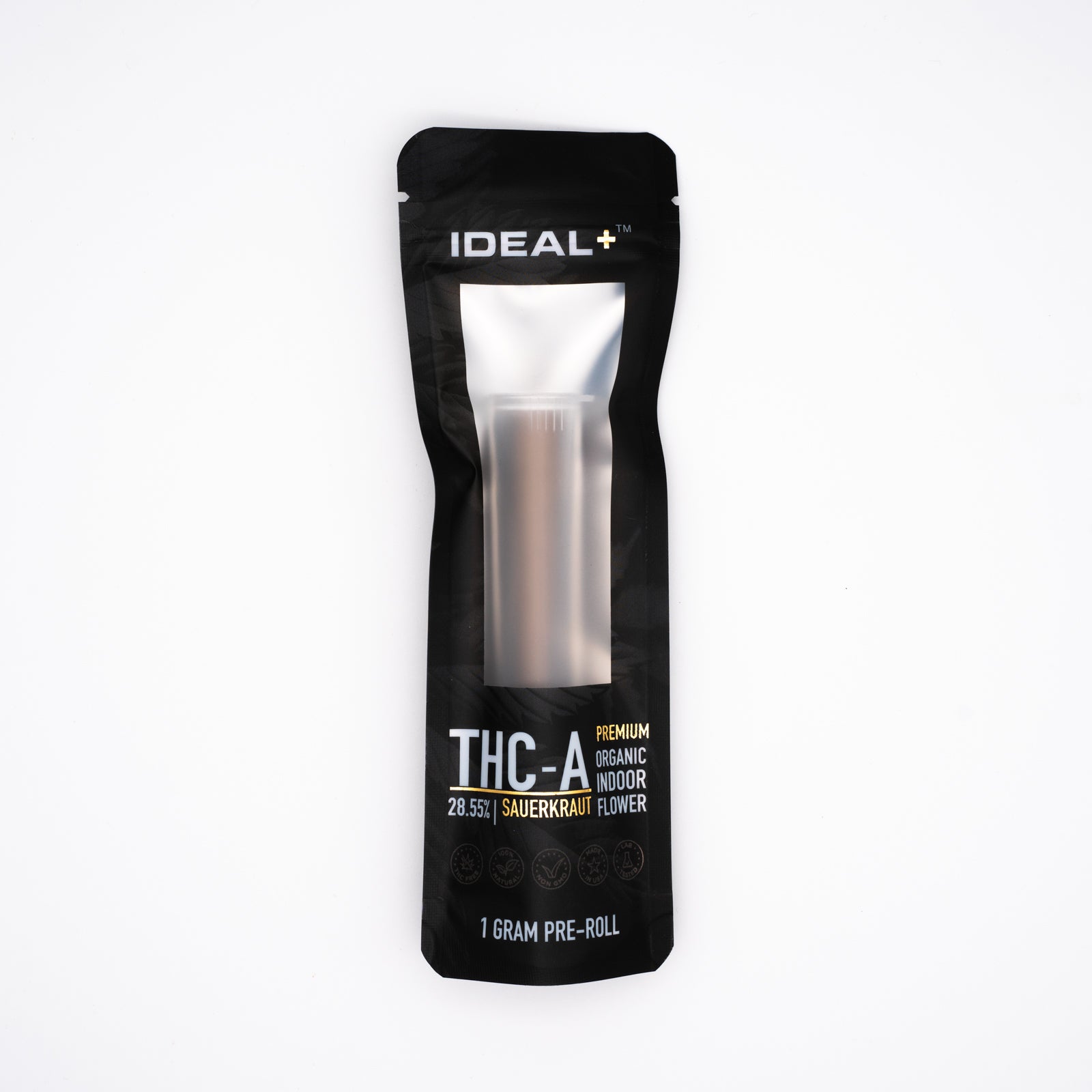 Black packet of IDEAL+ THC-A Pre-Roll Concentrate for Sauerkraut THCA 29% Pre-Rolls