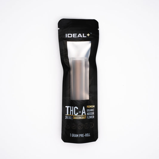 Black packet of IDEAL+ THC-A Pre-Roll Concentrate for Sauerkraut THCA 29% Pre-Rolls