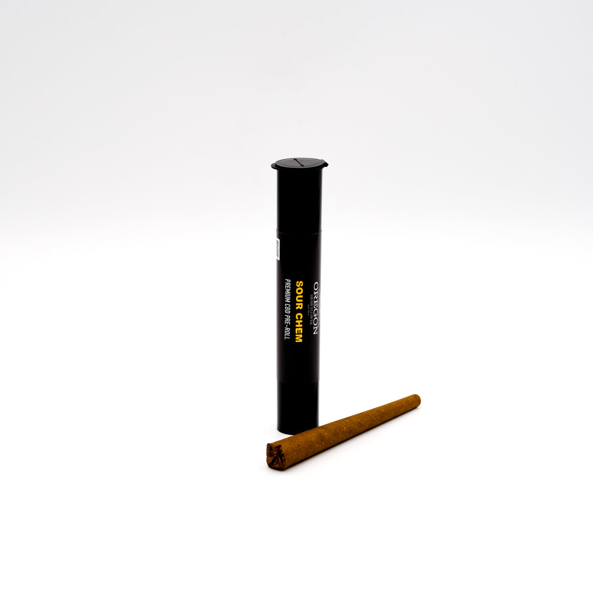 Black plastic tube with yellow text next to a brown Sour Chem Hemp Flower pre roll