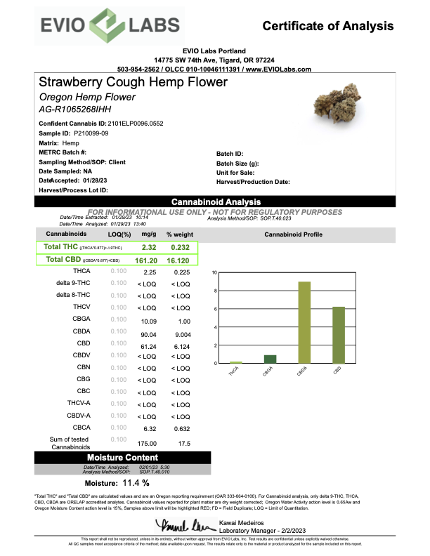 Certificate of Analysis for Strawberry Cough Hemp Flower test results from Evio Labs