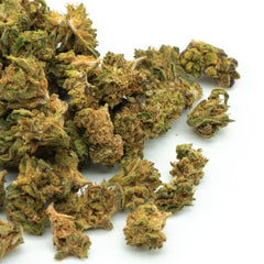 Dried Sour RNA hemp flower small nugs with trichomes and orange pistils for CBD flower