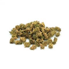Dried Sour RNA Hemp Flower small nugs showcasing trichomes and orange pistils
