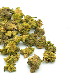 Dried Sour Hawaiian Haze buds featuring green colors and trichomes for wholesale