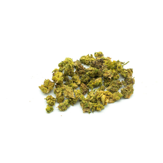 Dried Sour Hawaiian Haze hemp flower buds with yellowish-green coloring