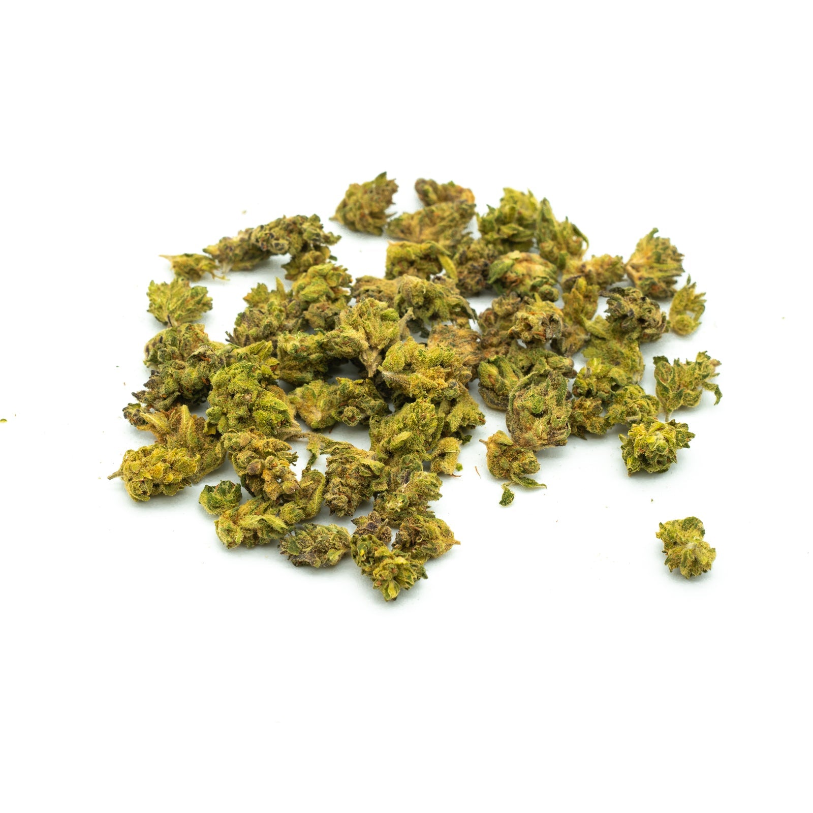 Dried Bubba Kush Hemp Flower Smalls in a yellowish-green hue for premium enjoyment