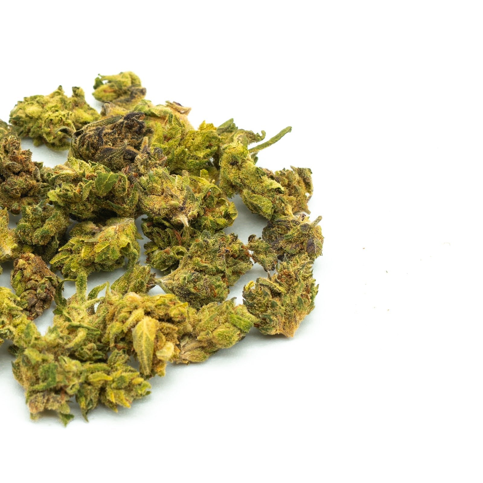 Dried Bubba Kush hemp flower smalls with yellowish-green buds for sale