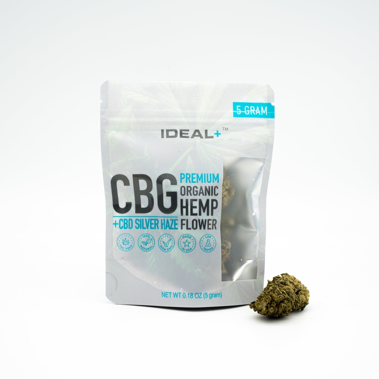 White resealable pouch of Silver Haze CBG Flower with a bud beside it
