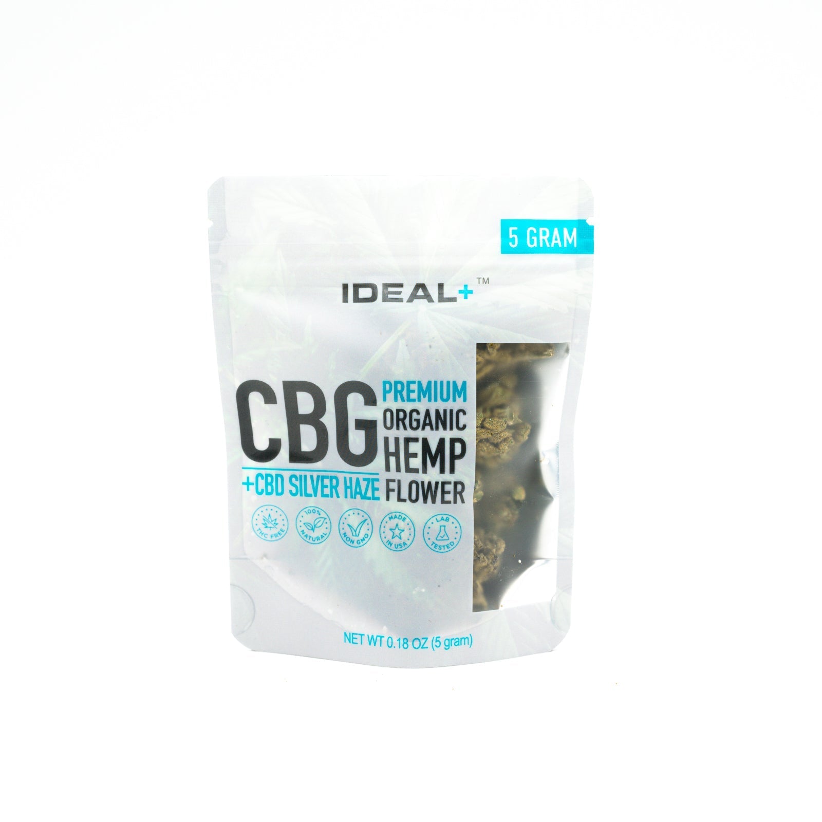 White resealable pouch of Silver Haze CBG Flower featuring premium organic hemp