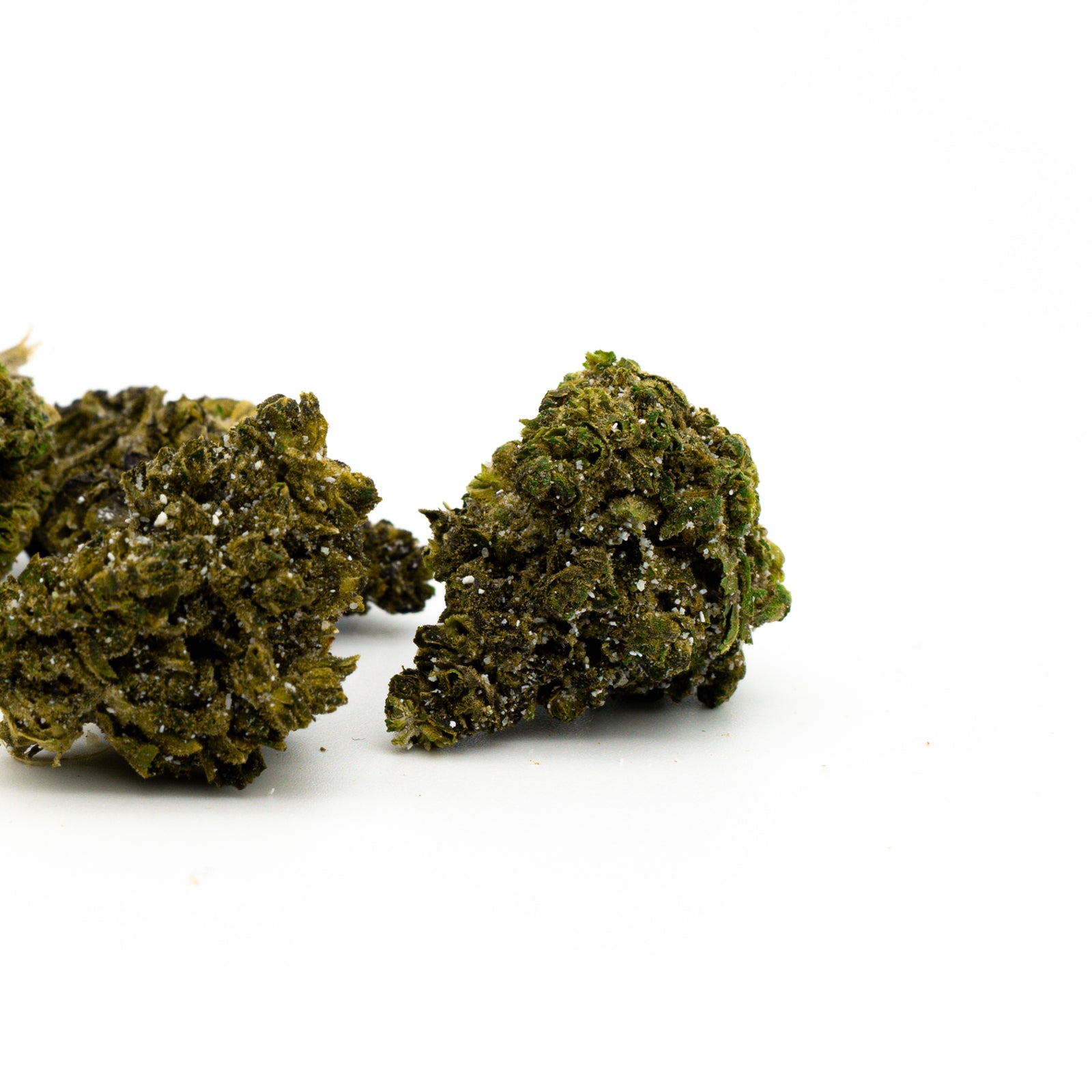 Two dense green cannabis buds of Face Gas 30% THCA Flower and hemp flower