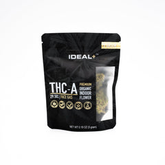 Black resealable package of IDEAL+ Face Gas 30% THCA Flower organic hemp flower