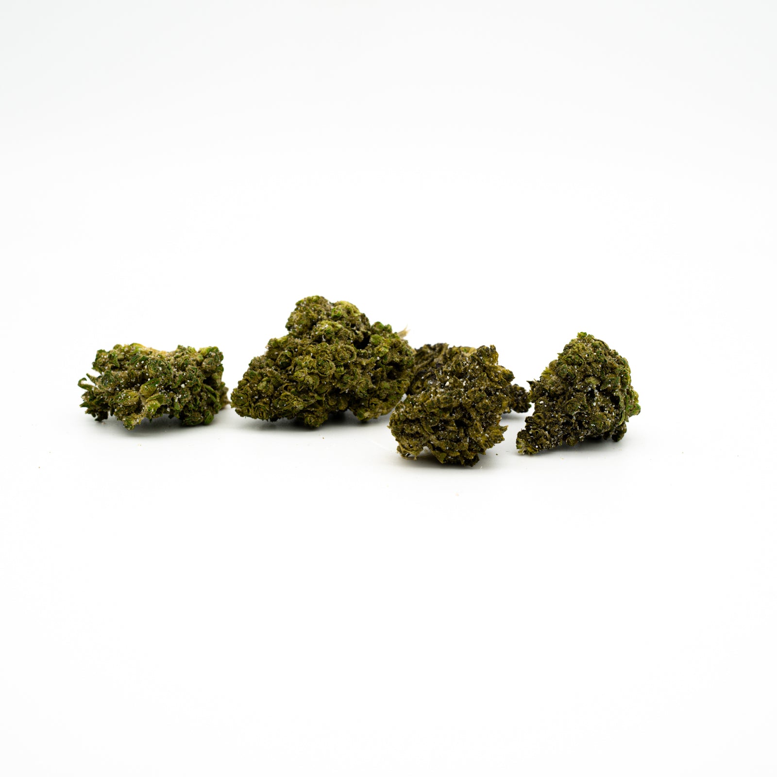 Four dried cannabis buds of Face Gas 30% THCA Flower arranged in a row