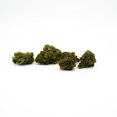 Four dried cannabis buds of Face Gas 30% THCA Flower arranged in a row