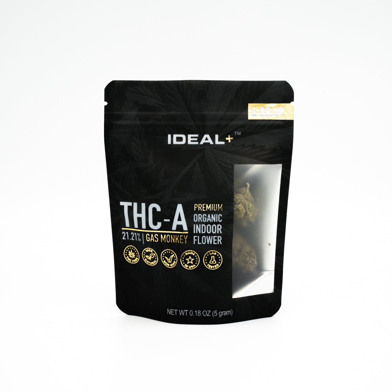 Black resealable pouch of Gas Monkey 21% THCA Flower, an indica-dominant hybrid
