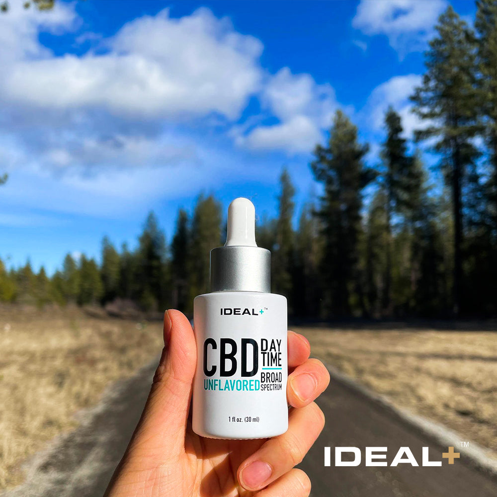 Silver dropper bottle of IDEAL+ CBD Tincture Day Drops 500mg CBD for daytime use