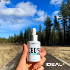 Silver dropper bottle of IDEAL+ CBD Tincture Day Drops 500mg CBD for daytime use