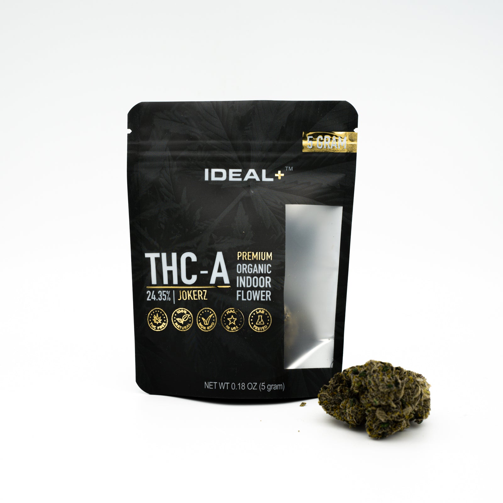 IDEAL+ THC-A Premium Organic Indoor Flower package with JokerZ 24% THCA Flower and bud