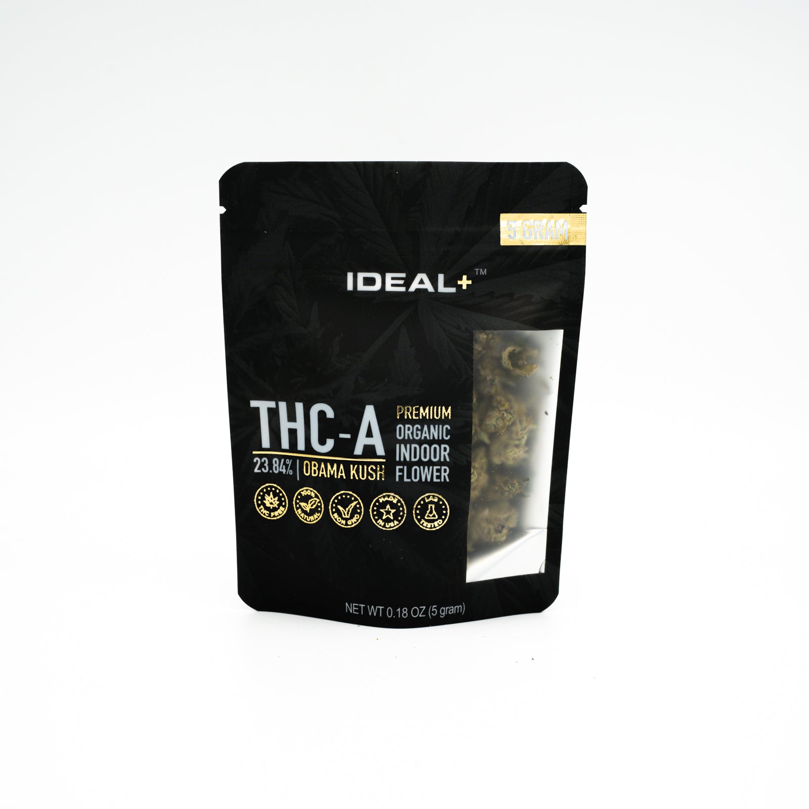 Black resealable pouch of Ideal+ Obama Kush 24% THCA Flower for cerebral stimulation
