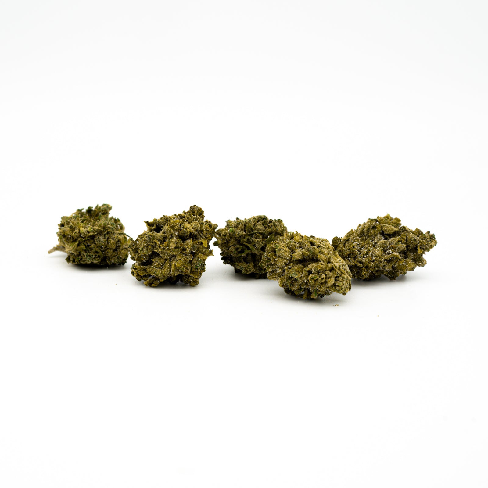 Four dried cannabis buds of Sauerkraut THCA Flower showcasing uplifting effects