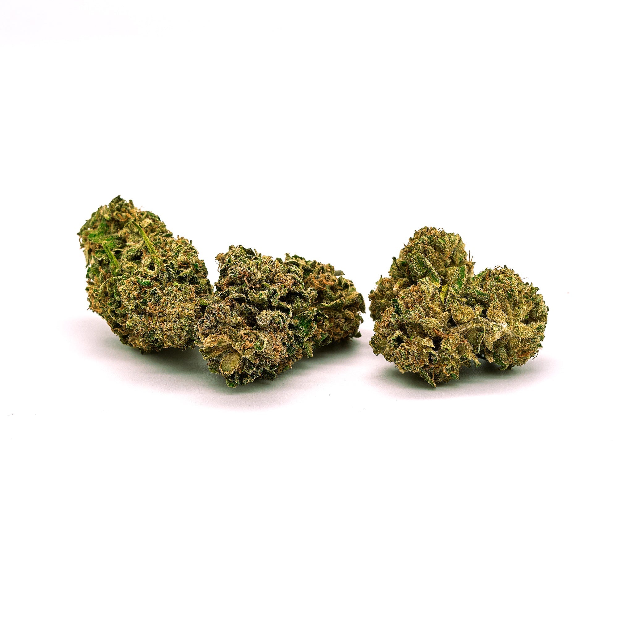 Three dried Sour RNA Delta-8 Flower buds with trichomes and orange pistils