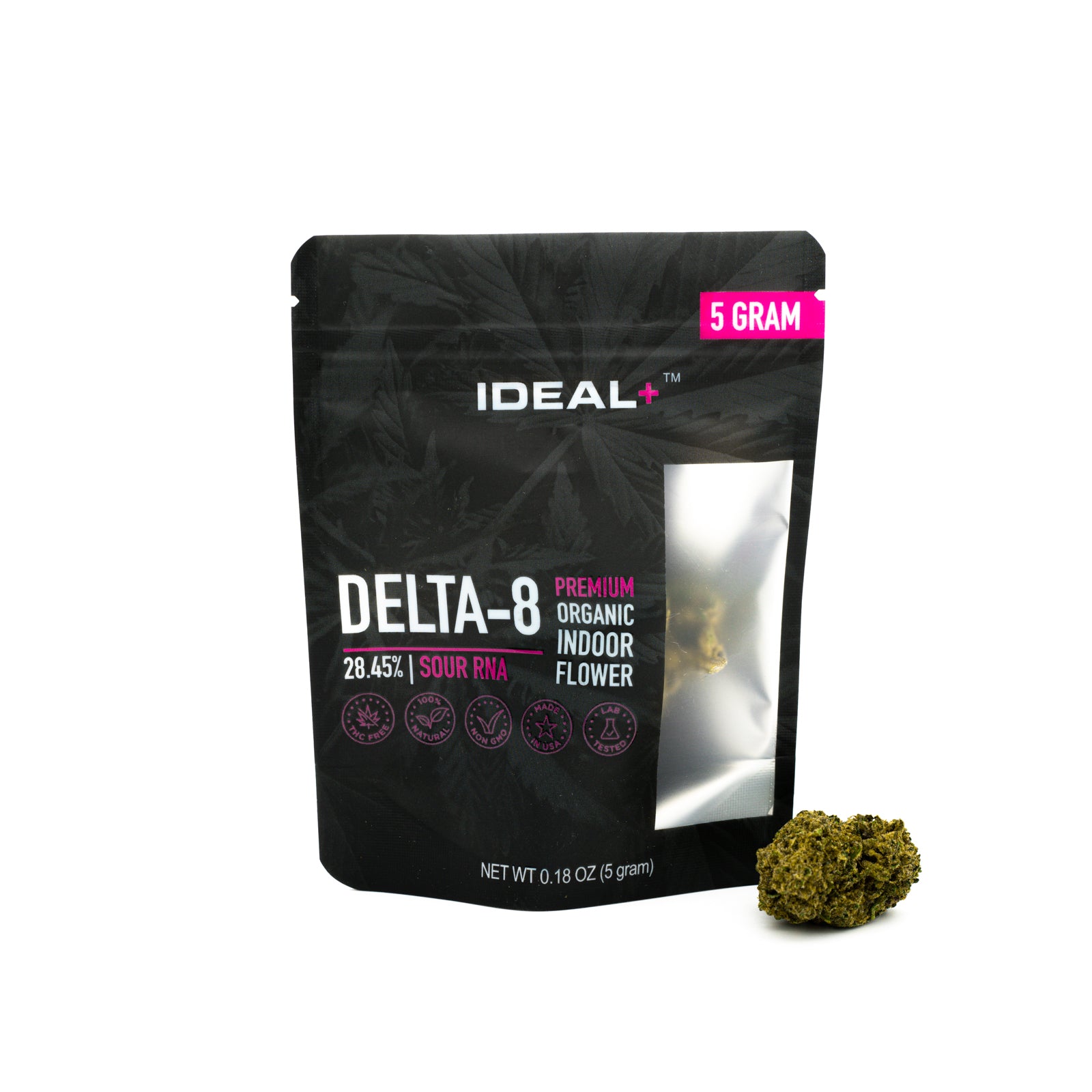 Black pouch labeled IDEAL DELTA-8 with Sour RNA Delta-8 Flower and cannabis bud