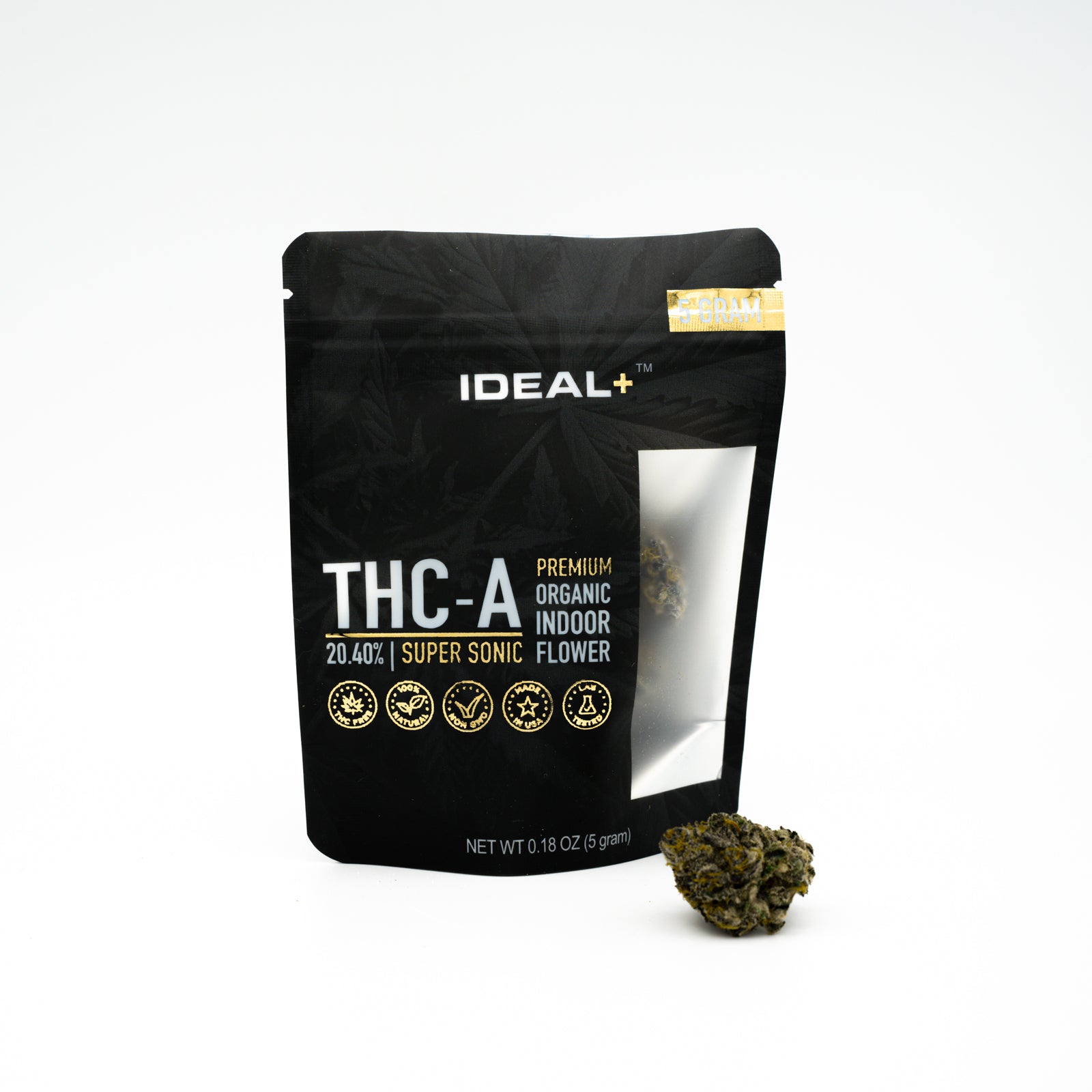 Black resealable package of Super Sonic 20% THCA Flower with cannabis bud