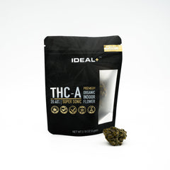 Black resealable package of Super Sonic 20% THCA Flower with cannabis bud